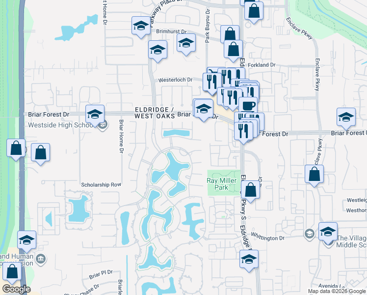 map of restaurants, bars, coffee shops, grocery stores, and more near 13715 Eagan Mill Drive in Houston