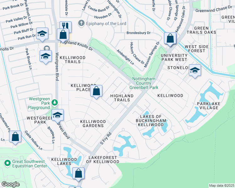 map of restaurants, bars, coffee shops, grocery stores, and more near 2022 Highland Bay Court in Katy