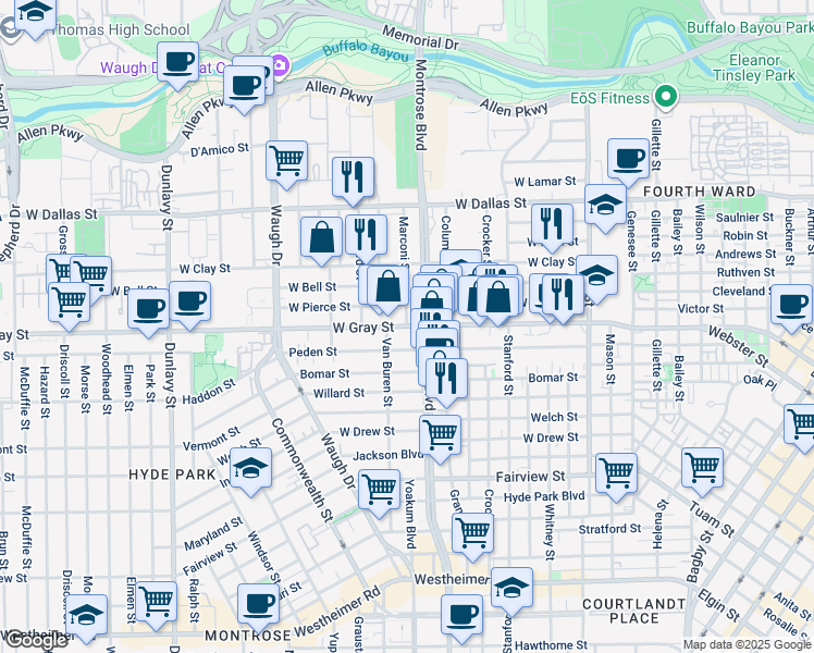 map of restaurants, bars, coffee shops, grocery stores, and more near West Gray Street in Houston