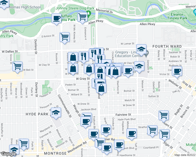 map of restaurants, bars, coffee shops, grocery stores, and more near 1137 West Gray Street in Houston