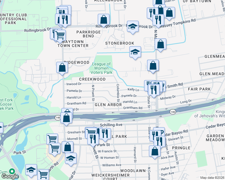 map of restaurants, bars, coffee shops, grocery stores, and more near 401 Inwood Drive in Baytown