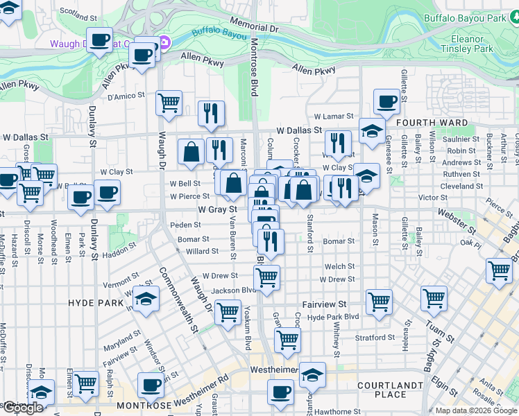 map of restaurants, bars, coffee shops, grocery stores, and more near Montrose Blvd & W Gray St in Houston