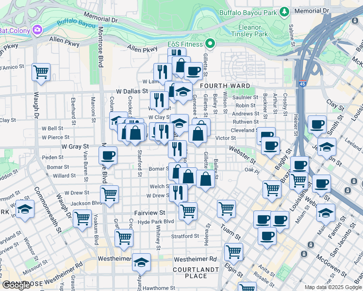 map of restaurants, bars, coffee shops, grocery stores, and more near 299 West Gray Street in Houston