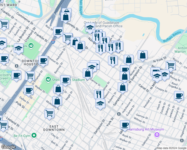 map of restaurants, bars, coffee shops, grocery stores, and more near 2805 Garrow Street in Houston