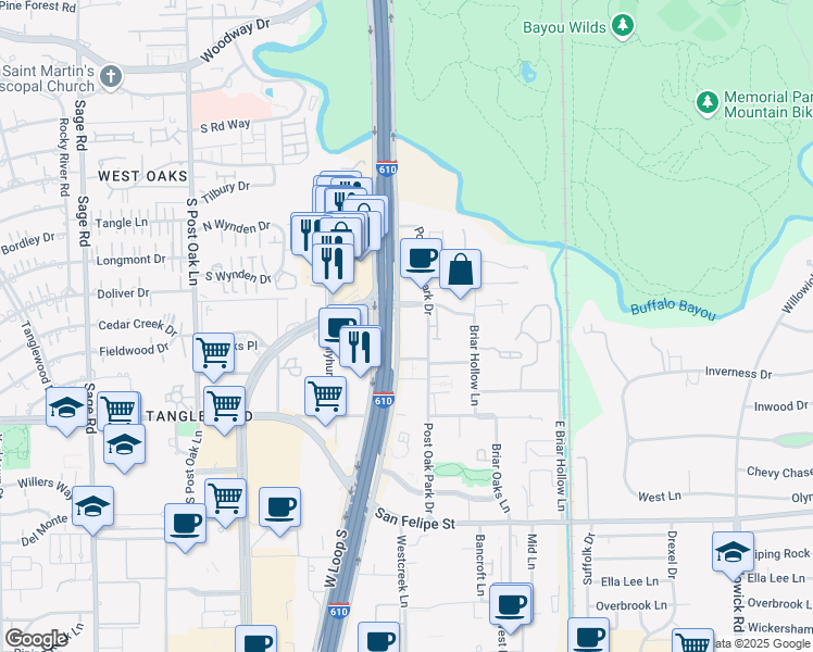 map of restaurants, bars, coffee shops, grocery stores, and more near 1433 West Loop South in Houston