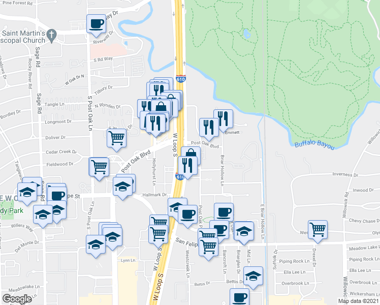 map of restaurants, bars, coffee shops, grocery stores, and more near 1433 West Loop South in Houston