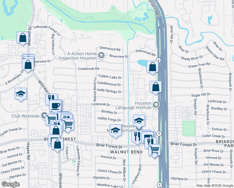 map of restaurants, bars, coffee shops, grocery stores, and more near 10602 Holly Springs Drive in Houston