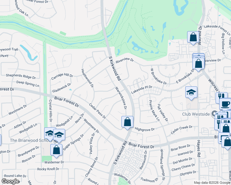 map of restaurants, bars, coffee shops, grocery stores, and more near 1419 Warwickshire Drive in Houston
