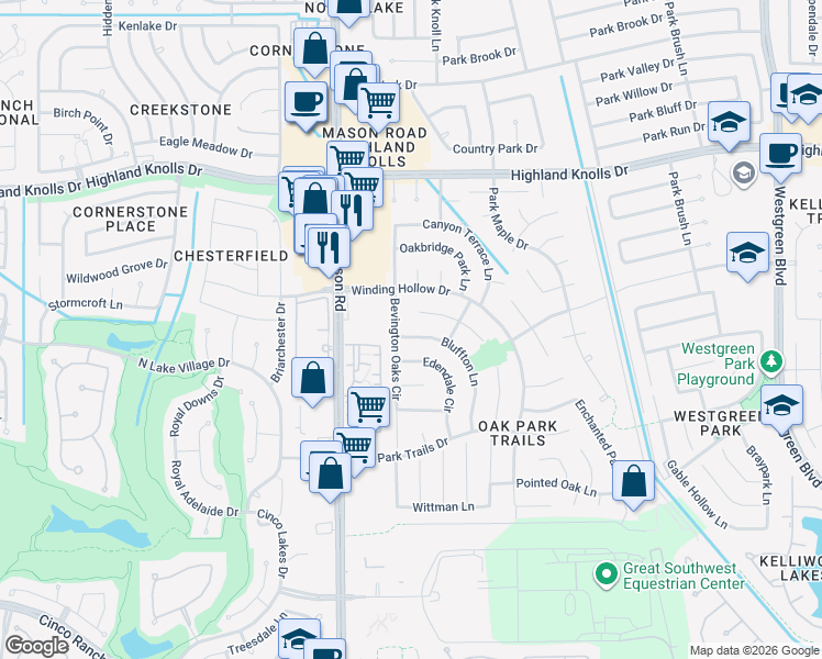 map of restaurants, bars, coffee shops, grocery stores, and more near 21730 Ashford Grove Lane in Katy