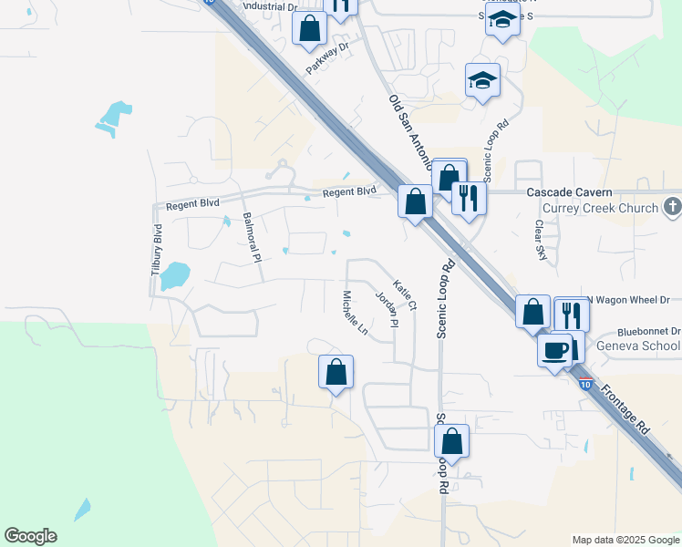 map of restaurants, bars, coffee shops, grocery stores, and more near 249 Michelle Lane in Boerne