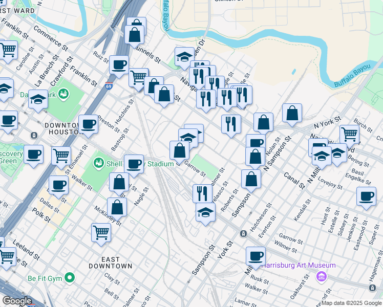 map of restaurants, bars, coffee shops, grocery stores, and more near in Houston