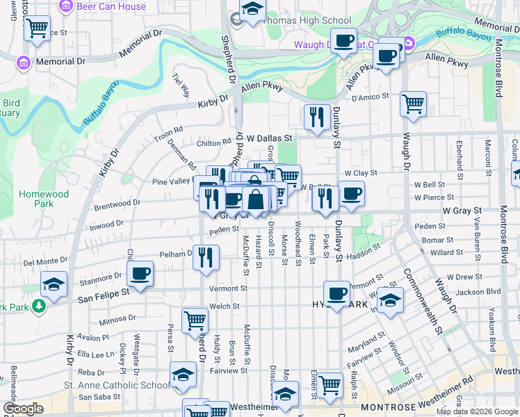 map of restaurants, bars, coffee shops, grocery stores, and more near in Houston