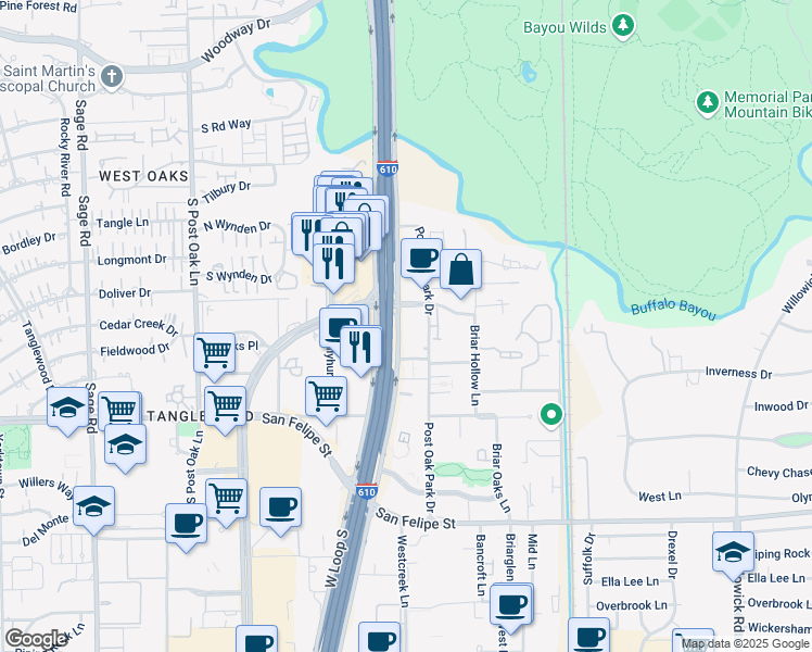 map of restaurants, bars, coffee shops, grocery stores, and more near 1333 W Loop S Fwy in Houston