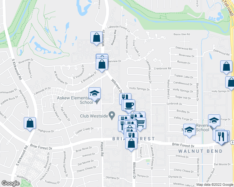 map of restaurants, bars, coffee shops, grocery stores, and more near 1101 Wilcrest Drive in Houston