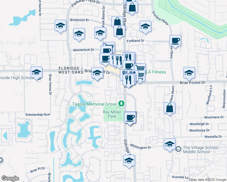 map of restaurants, bars, coffee shops, grocery stores, and more near 1600 Eldridge Parkway South in Houston