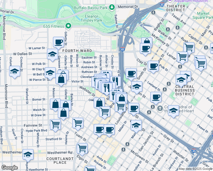 map of restaurants, bars, coffee shops, grocery stores, and more near 901 Cleveland Street in Houston