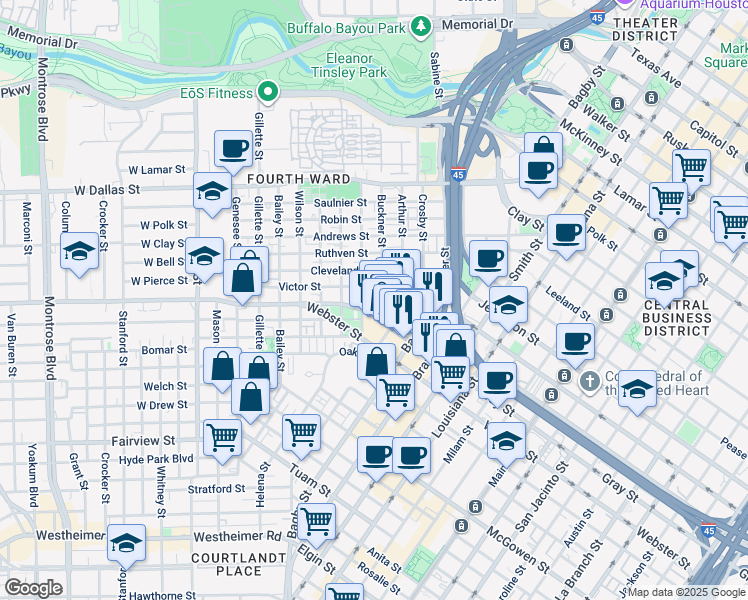map of restaurants, bars, coffee shops, grocery stores, and more near 120 Pierce Street in Houston