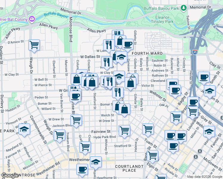 map of restaurants, bars, coffee shops, grocery stores, and more near 397 West Gray Street in Houston