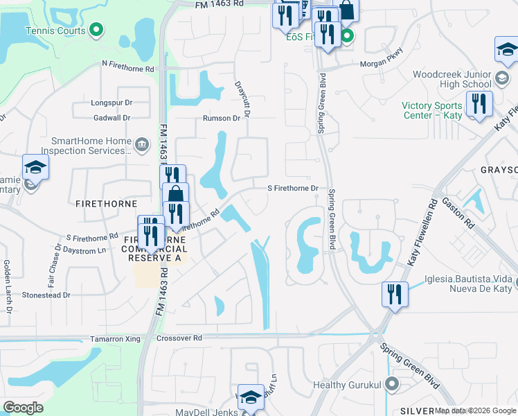 map of restaurants, bars, coffee shops, grocery stores, and more near 27410 Blinkwood Park in Katy