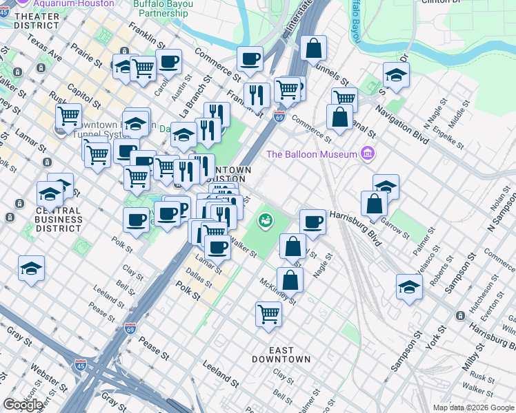 map of restaurants, bars, coffee shops, grocery stores, and more near 2120 Texas Avenue in Houston