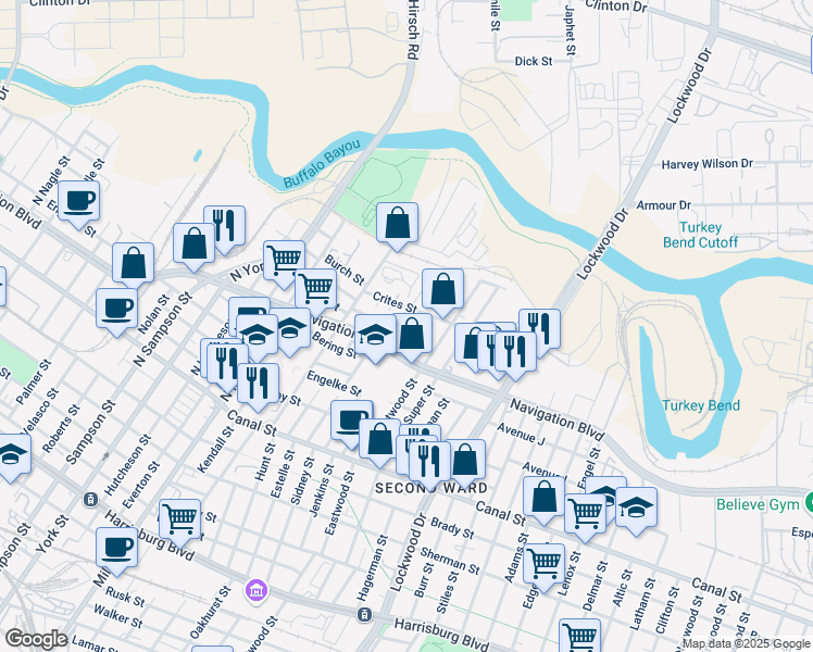 map of restaurants, bars, coffee shops, grocery stores, and more near 4302 Crites Street in Houston