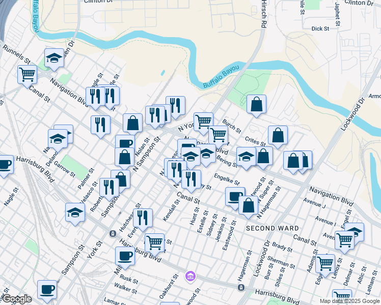 map of restaurants, bars, coffee shops, grocery stores, and more near 3602 Navigation Boulevard in Houston