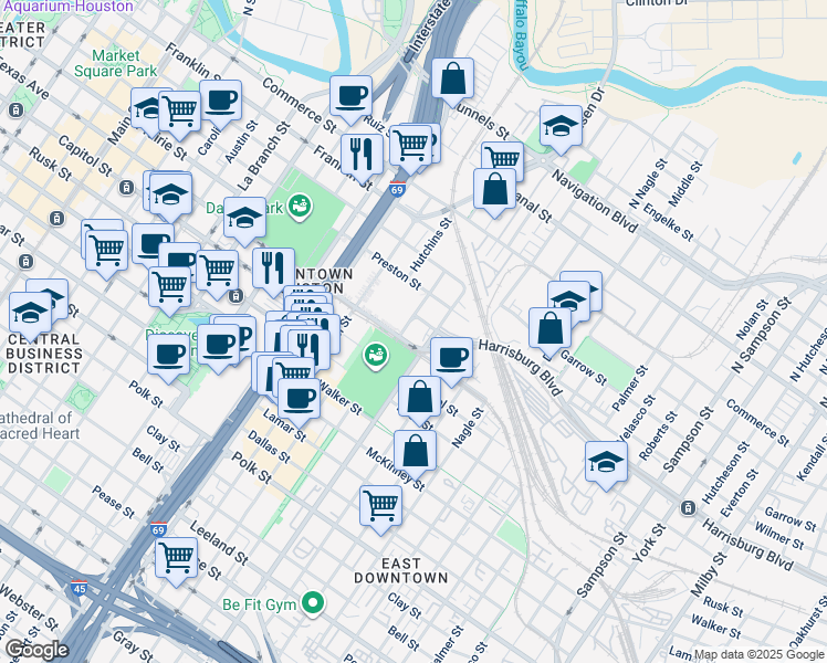 map of restaurants, bars, coffee shops, grocery stores, and more near 413 Bastrop Street in Houston