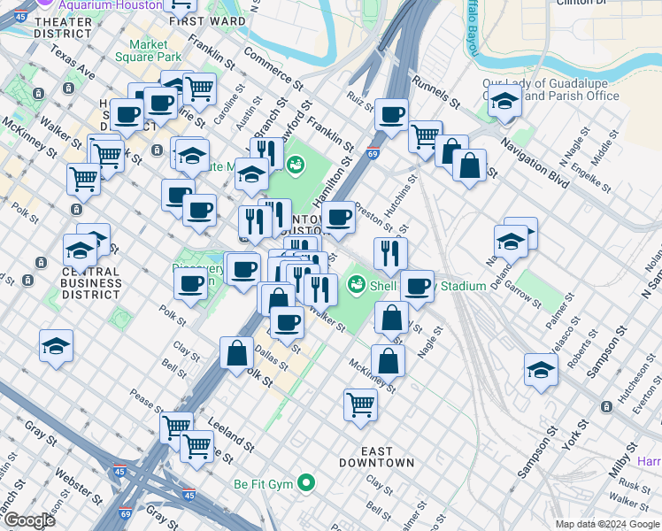 map of restaurants, bars, coffee shops, grocery stores, and more near 610 Saint Emanuel Street in Houston
