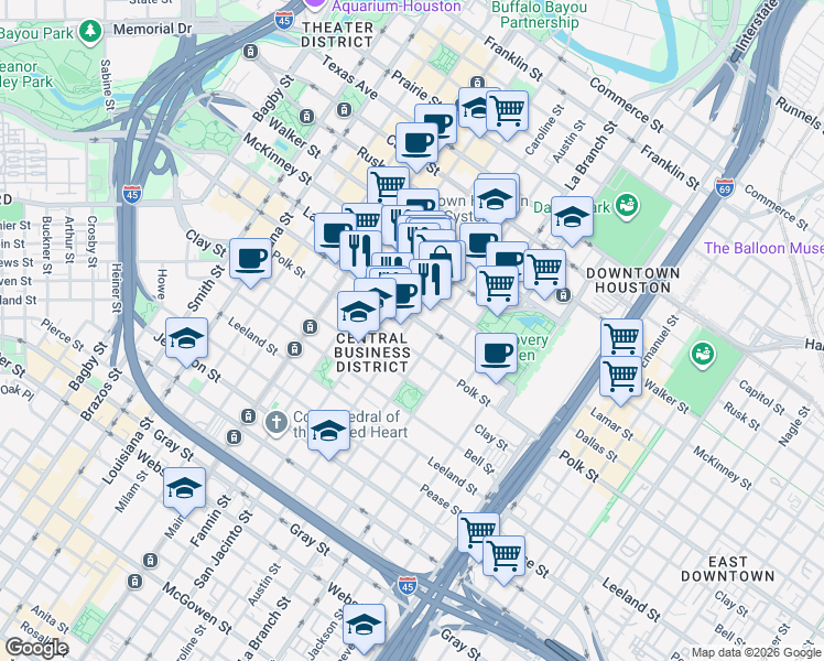 map of restaurants, bars, coffee shops, grocery stores, and more near 1204 Caroline Street in Houston