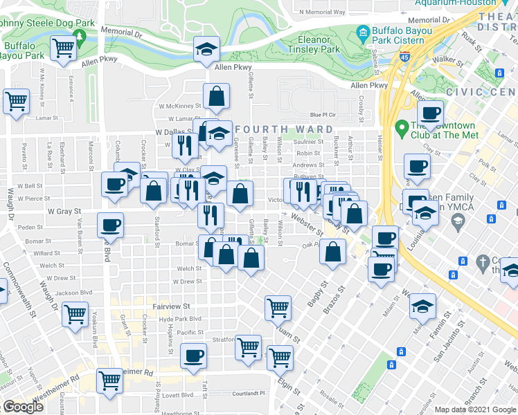 map of restaurants, bars, coffee shops, grocery stores, and more near 702 Victor Street in Houston