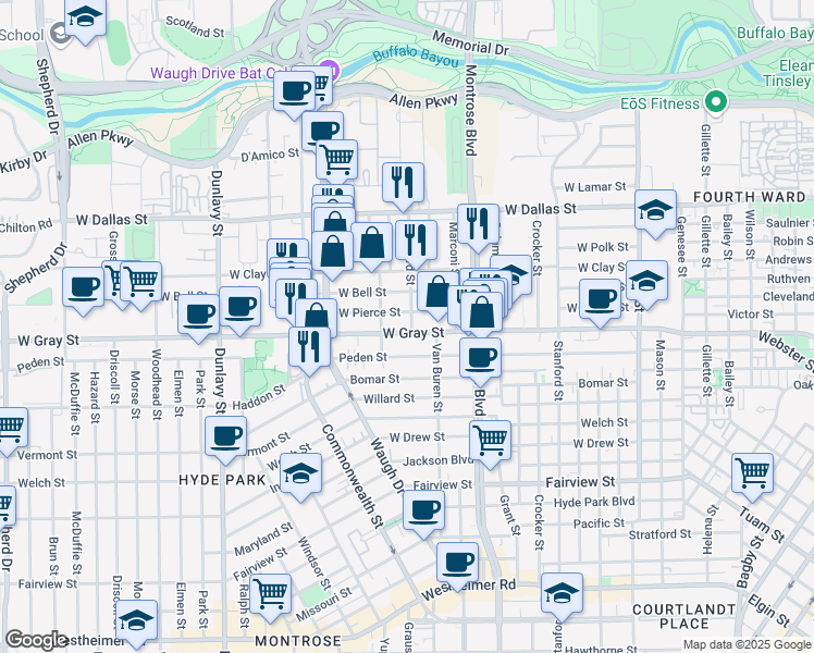 map of restaurants, bars, coffee shops, grocery stores, and more near 1238 West Pierce Street in Houston