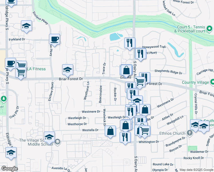 map of restaurants, bars, coffee shops, grocery stores, and more near 1506 Ainsdale Drive in Houston