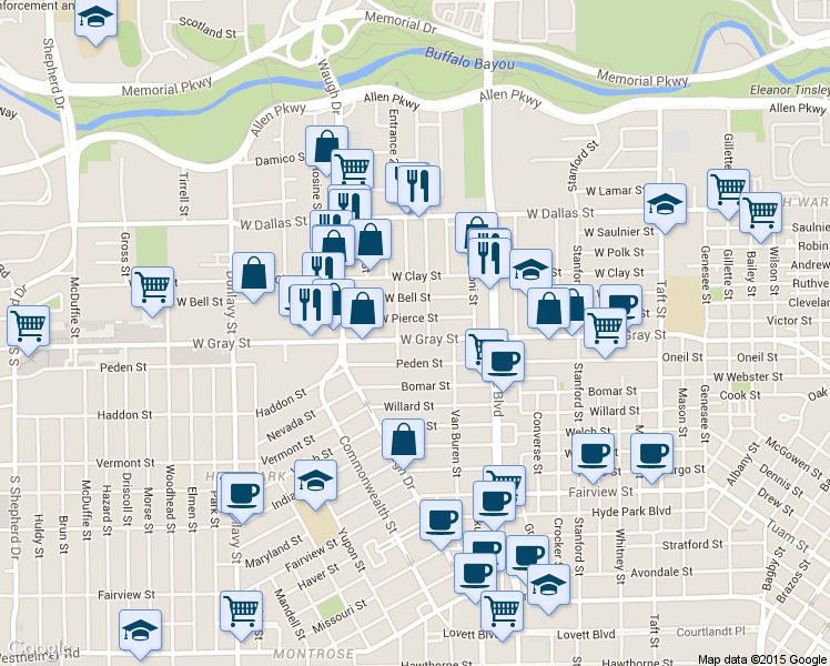 map of restaurants, bars, coffee shops, grocery stores, and more near 1238 West Pierce Street in Houston