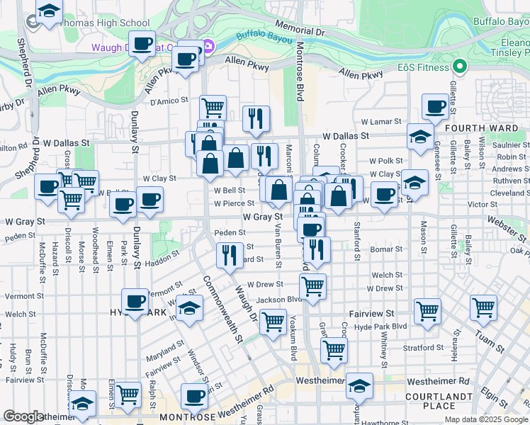 map of restaurants, bars, coffee shops, grocery stores, and more near 1207 West Pierce Street in Houston