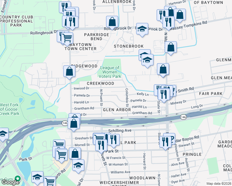 map of restaurants, bars, coffee shops, grocery stores, and more near 413 Inwood Drive in Baytown