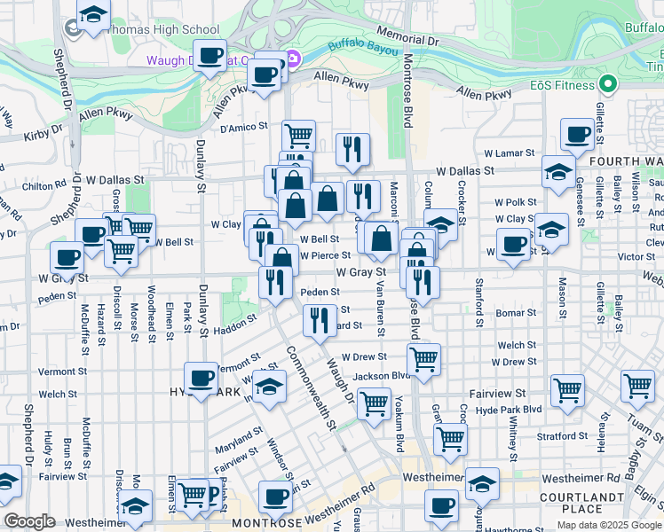 map of restaurants, bars, coffee shops, grocery stores, and more near 1238 West Pierce Street in Houston