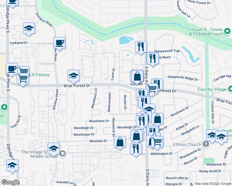 map of restaurants, bars, coffee shops, grocery stores, and more near 1506 Ainsdale Drive in Houston