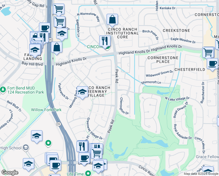 map of restaurants, bars, coffee shops, grocery stores, and more near 22906 Greenrush Drive in Katy