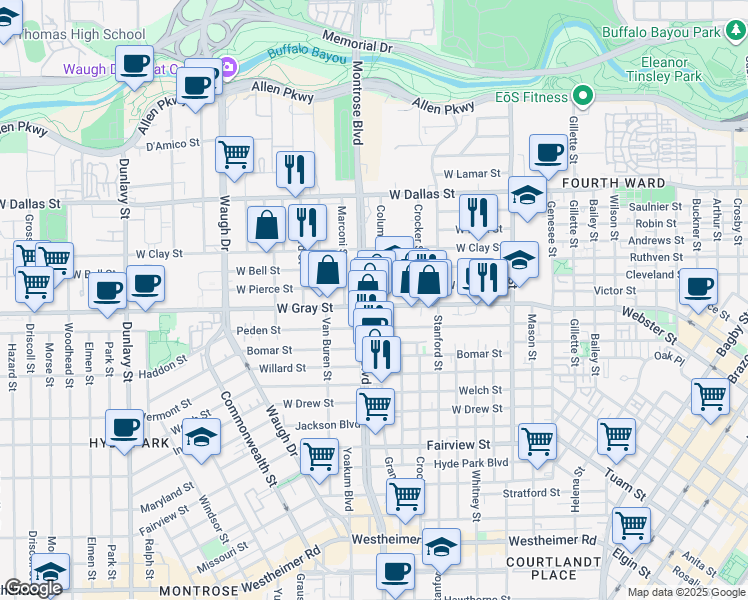 map of restaurants, bars, coffee shops, grocery stores, and more near 900 West Gray Street in Houston