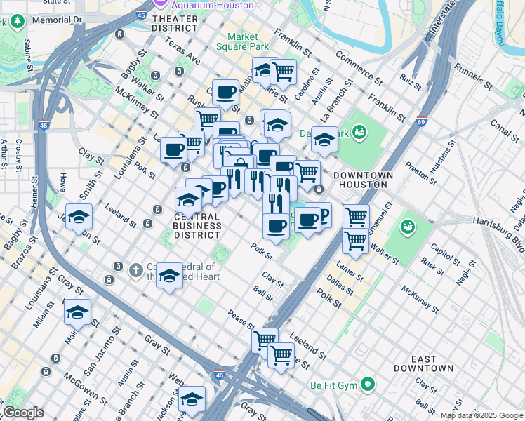 map of restaurants, bars, coffee shops, grocery stores, and more near 1550 Lamar Street in Houston