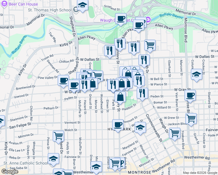 map of restaurants, bars, coffee shops, grocery stores, and more near 1916 West Gray Street in Houston