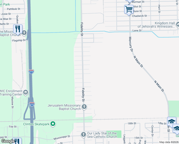 map of restaurants, bars, coffee shops, grocery stores, and more near 9832 Garcroft Street in Houston