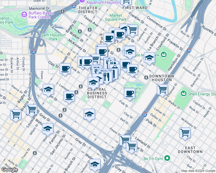 map of restaurants, bars, coffee shops, grocery stores, and more near 1204 Caroline Street in Houston