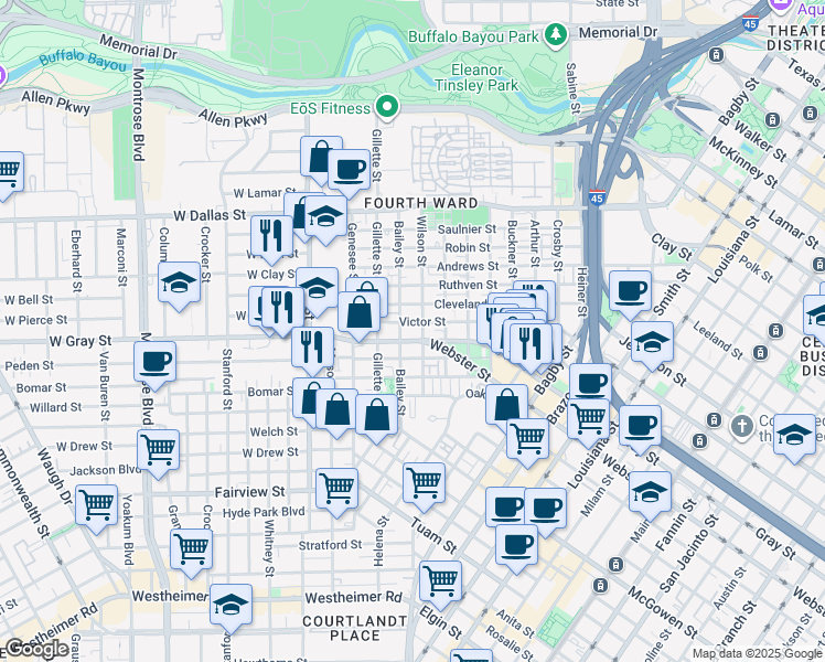 map of restaurants, bars, coffee shops, grocery stores, and more near 702 Victor Street in Houston