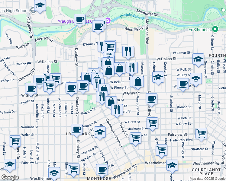 map of restaurants, bars, coffee shops, grocery stores, and more near 1326 West Pierce Street in Houston