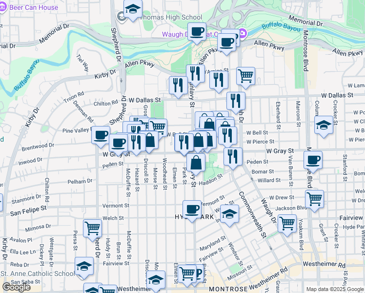map of restaurants, bars, coffee shops, grocery stores, and more near 1915 West Bell Street in Houston