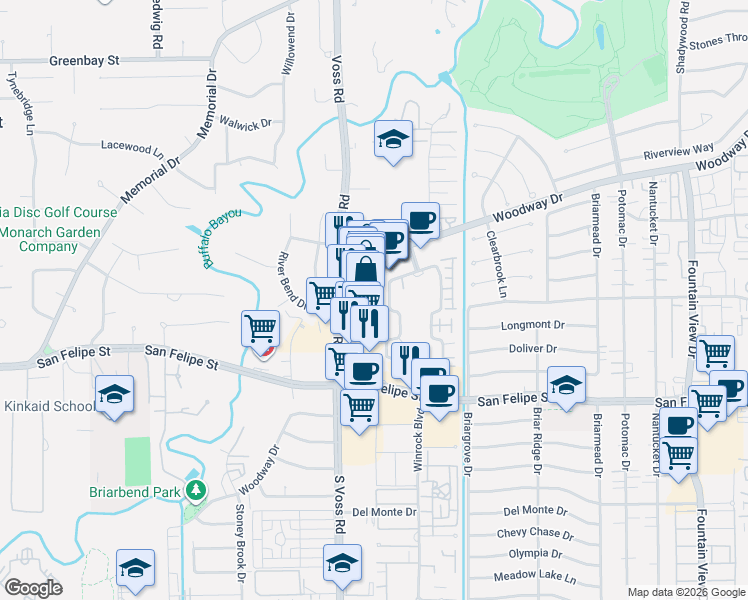 map of restaurants, bars, coffee shops, grocery stores, and more near 1254 Wood Hollow Drive in Houston