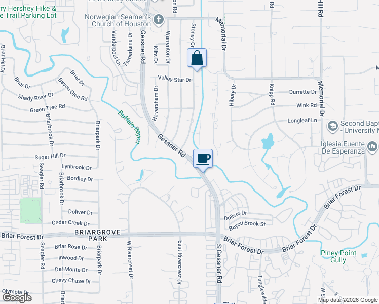 map of restaurants, bars, coffee shops, grocery stores, and more near 110 Stoney Creek Drive in Houston