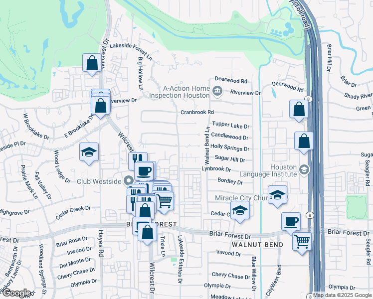 map of restaurants, bars, coffee shops, grocery stores, and more near 10830 Holly Springs Drive in Houston
