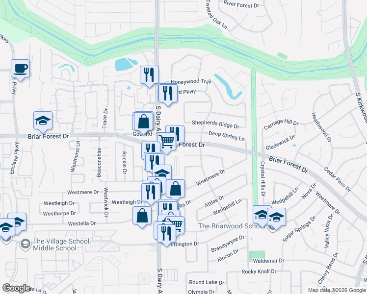 map of restaurants, bars, coffee shops, grocery stores, and more near 12522 Briar Forest Drive in Houston
